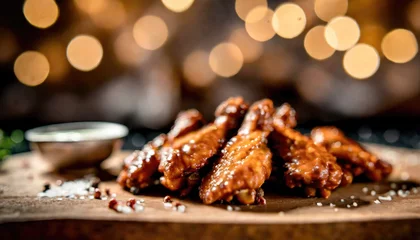 Foto op Canvas Copy Space image of Grilled chicken wings with sauces on a wooden board. Traditional baked bbq buffalo wing on bokeh background. © ImagineWorld