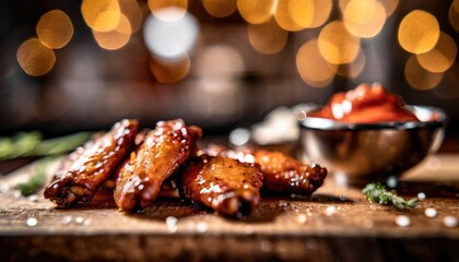 Copy Space image of Grilled chicken wings with sauces on a wooden board. Traditional baked bbq buffalo wing on bokeh background.