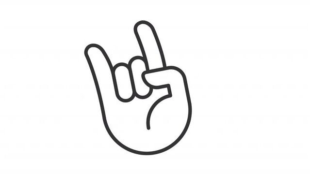 2D black simple thin line animation of horn sign icon, HD video with transparent background, seamless loop 4K video representing hand gesture.