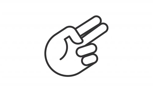 2D black simple thin line animation of hand scissors icon, HD video with transparent background, seamless loop 4K video representing hand gesture.