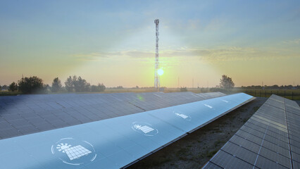 Telecommunication surveillance tower 5G 6G network scans performance of solar system field,...