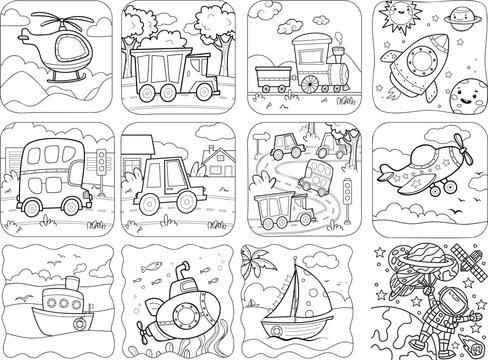 vehicle outline for coloring book. Bus, car, track, airplane, train, boat, space, rocket, vector Illustration in various themes. Hand drawn collection.