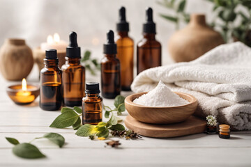 Fototapeta na wymiar Beauty treatment items for spa procedures on white wooden table. massage stones, essential oils and sea salt. Beauty spa