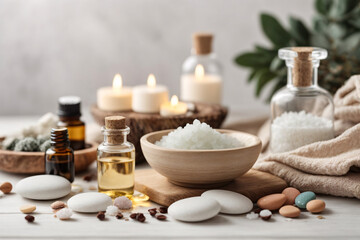 Fototapeta na wymiar Beauty treatment items for spa procedures on white wooden table. massage stones, essential oils and sea salt. Beauty spa
