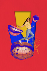 Collage sketch image of funky lovely girl beauty salon procedure lips augmentation isolated on...