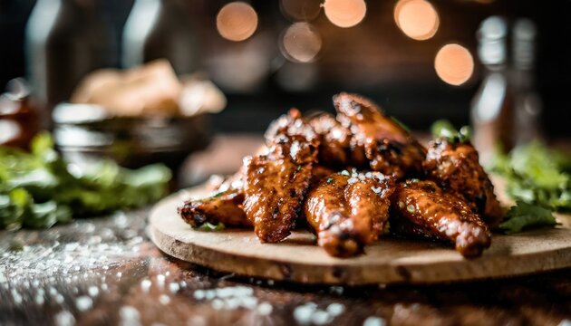 Copy Space image of Grilled chicken wings with sauces on a wooden board. Traditional baked bbq buffalo wing on bokeh background.