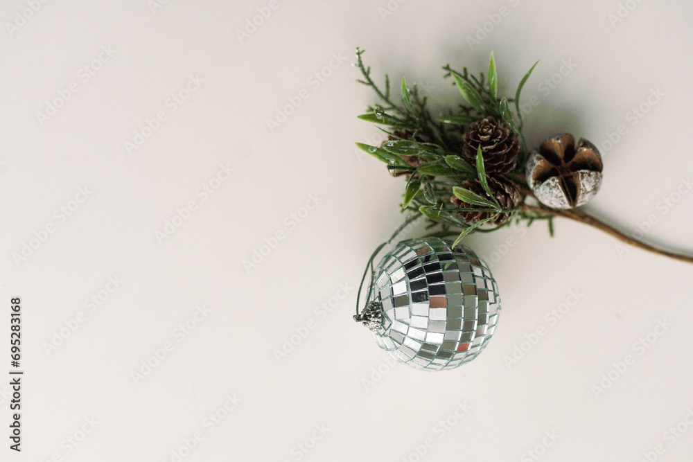 Canvas Prints new year background. golden pine cones, fir branch, christmas ball on white background. top view, sp