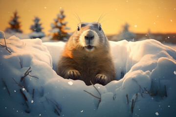 cute young Groundhog (Marmota monax) emerges from a snowy hole after hibernation. Happy Groundhog Day - obrazy, fototapety, plakaty