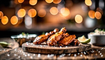 Copy Space image of Grilled chicken wings with sauces on a wooden board. Traditional baked bbq buffalo wing on bokeh background.