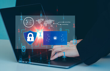 cybersecurity concept identity theft, Database hacks, internet cyber crime. Hacker in hoodie dark theme Hacking and stealing data. damage the system.