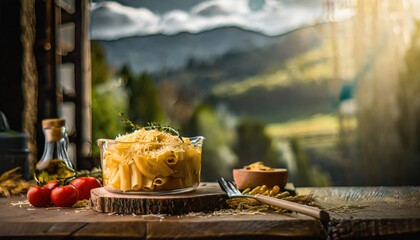 Copy Space image of Mac and cheese american macaroni pasta with cheesy Cheddar sauce with landscape view - obrazy, fototapety, plakaty