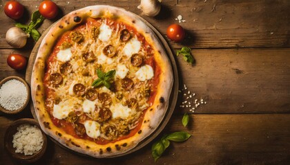 Copy Space image of Pizza Margherita on wooden background, Pizza Margarita with Tomatoes,