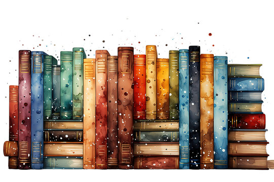 Stack of old vintage books hand drawn color watercolor illustration learning isolated on a Transparent background. Generative AI