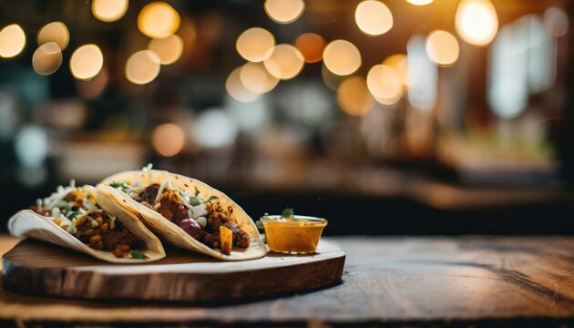 Mexican fiesta dinner, chicken tortillas stuffed with yellow, red and green sweet pepper with bokeh background.