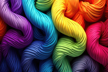 Many colorful Rainbow yarn for knitting.Multi-colored strands of yarn forming a geometric pattern.Many colorful balls of wool and cotton yarn for knitting. Stretch and gradient. Rainbow - obrazy, fototapety, plakaty