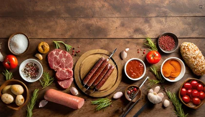 Foto op Plexiglas Barbecue menu. Grilled meat and vegetables on rustic wooden table © ImagineWorld