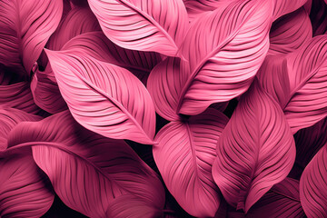 Tropical pink leaves a on dark background. Flat lay, Pink plant leaves background, floral tropical pattern for wallpaper