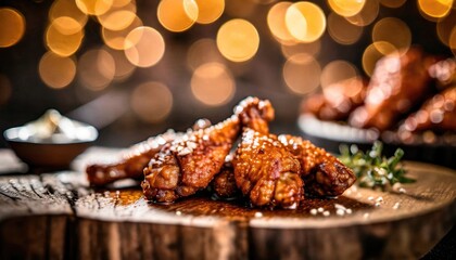 Copy Space image of Grilled chicken wings with sauces on a wooden board. Traditional baked bbq buffalo wing on bokeh background.