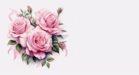  Pink roses with green leaves on white background. Digital illustration for your design.