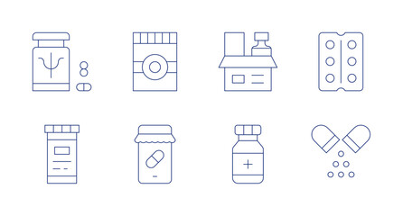 Medicine icons. Editable stroke. Containing medicine, online pharmacy, capsule, pill.