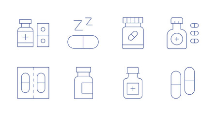 Fototapeta na wymiar Medicine icons. Editable stroke. Containing medicine, pills, pills bottle, capsules.