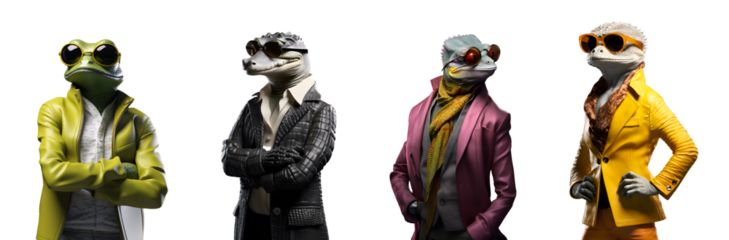 Set of creative animals head wearing trendy modern style clothes standing posing, Wear colorful sunglasses, Contemporary artwork, frog, crocodile, gecko, chameleon,  isolated on white background