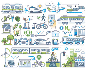 Sustainable transportation or environmental power type outline collection set, transparent background. Elements with green electricity powered vehicle.