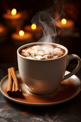 Hot Cocoa Weather with a steaming mug of cocoa created with Generative Ai