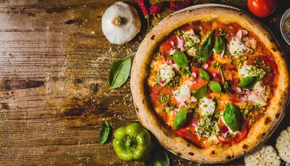 Gordijnen Copy Space image of Pizza Margherita on wooden background, Pizza Margarita with Tomatoes, © ImagineWorld