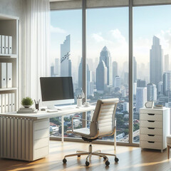 Computer on a desk in a high-rise office with a view of the city