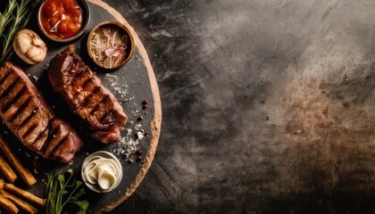 BBQ Grilled rib eye steak, fried rib eye beef meat on a plate with green salad. Dark background. - obrazy, fototapety, plakaty
