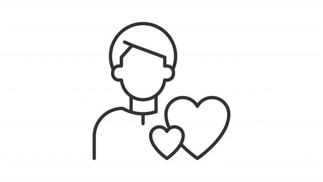 2D black simple thin line animation of male lover icon, HD video with transparent background, seamless loop 4K video representing archetypes.