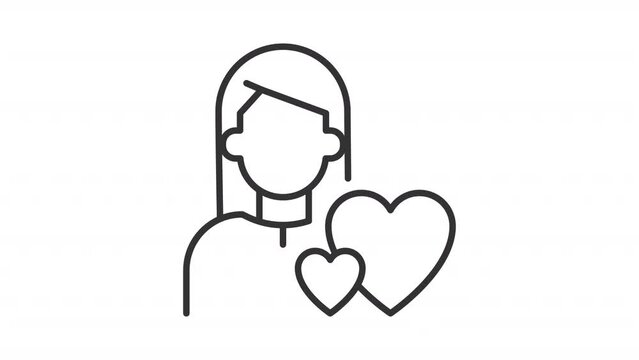 2D black simple thin line animation of female lover icon, HD video with transparent background, seamless loop 4K video representing archetypes.