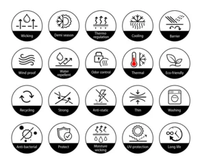 Poster Set icons for functional fabric, clothing. The outline icons are well scalable and editable. Contrasting vector elements are good for different backgrounds. EPS10. © realstockvector