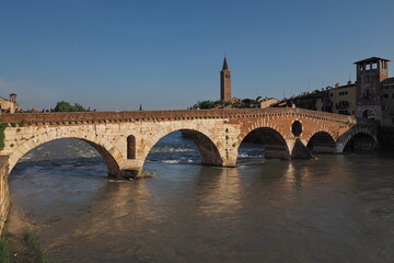 Ponte Pietra on Adige river in Verona, Veneto, Italy