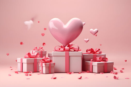 Gifts on a pink background, 3D hearts with copy space, holiday greeting card.