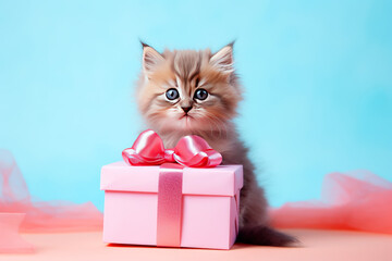 Cute funny kitten in gift box for birthday party