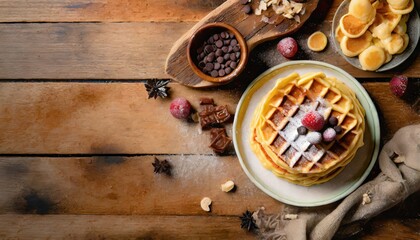 Copy Space image of Freshly made belgian waffles with honey flows and powdered sugar.
