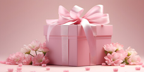 Gift box with pink and flowering tree pink background. Gift with pink bow and pink roses  AI Generative .