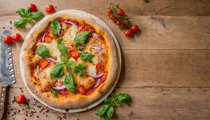 Copy Space image of Pizza Margherita on wooden background, Pizza Margarita with Tomatoes,