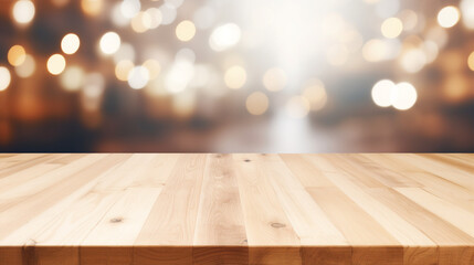 Naklejka na ściany i meble Empty Beautiful wood table top and blur bokeh modern kitchen interior background in clean and bright, Ready for product montage created with Generative Ai