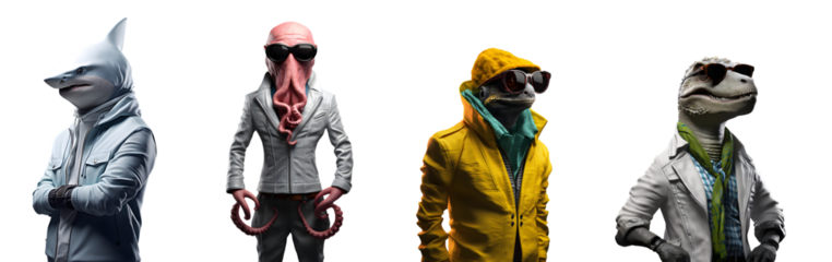 Set of creative animals head wearing trendy modern style clothes standing posing, Wear colorful sunglasses, Contemporary artwork, shark, octopus, chameleon, dinosaur, isolated on white background