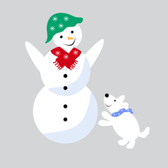 A snowman in a green hat plays with a dog.