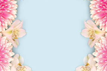 Frame made of gerbera and alstroemeria flowers on a blue background. Place for text.