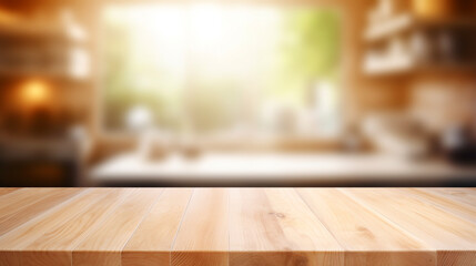 Empty Beautiful wood table top and blur bokeh modern kitchen interior background in clean and bright, Ready for product montage created with Generative Ai

