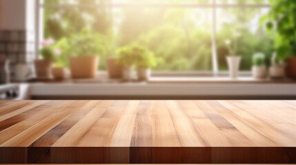 Empty Beautiful wood table top and blur bokeh modern kitchen interior background in clean and bright, Ready for product montage created with Generative Ai

