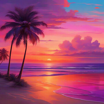 Serene tropical beach at sunset with waves