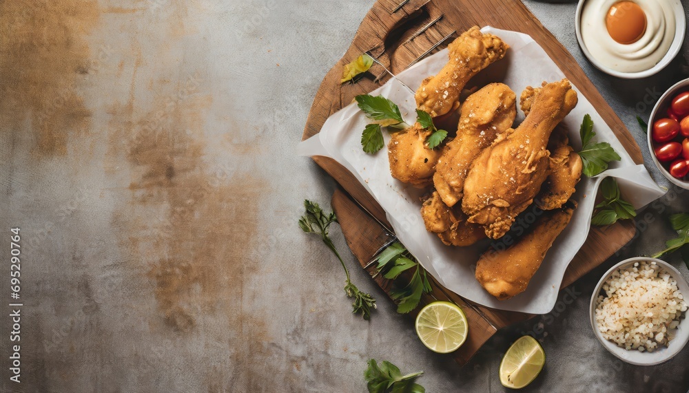 Wall mural Copy Space image of crunchy Baked Chicken Tenders on a plate with tomato sauce, flat lay