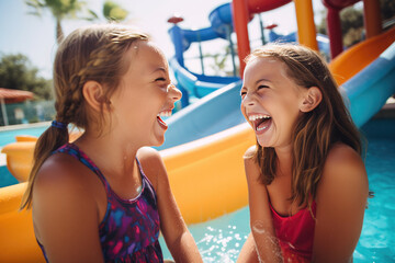 girls sharing moment of laughter while conversing in a pool at a water park