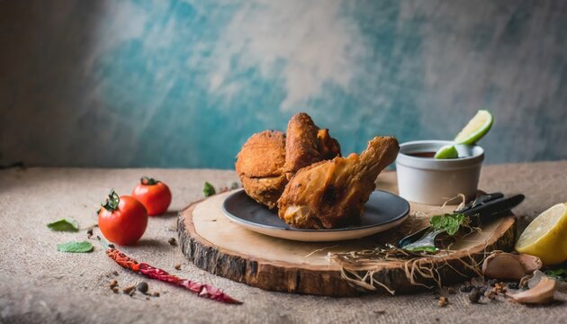 Copy Space image of Fried and Crispy Chicken Gizzards on a Rustic Wooden Table with landscape view background.